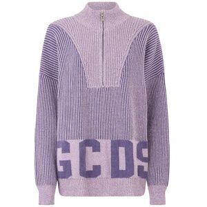 GCDS Ribbed Half-Zip Knit Sweater with Logo Detail Women PINK & PURPLE Sweaters